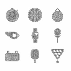 Set Smart watch showing heart beat rate, Racket for playing table tennis, Billiard balls rack triangle, Golf on tee, Sport mechanical scoreboard, Whistle, Classic dart and Stopwatch icon. Vector