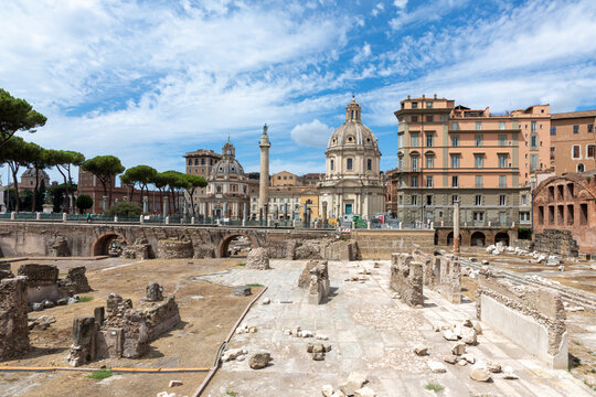 panoramic view at via dei Fori imperati with the antique rome with forum romanum and the archaelogical sites