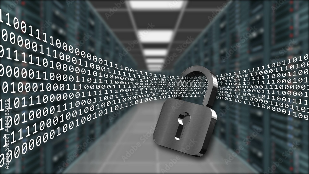 Poster digital data stream flows through closed padlock - series of binary code on blurred data server room