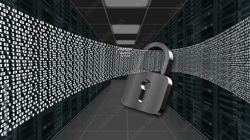 Poster digital data stream flows through closed padlock - series of binary code on data server room backgro