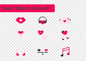 Heart objects flat icon set isolated on transparency background ep01