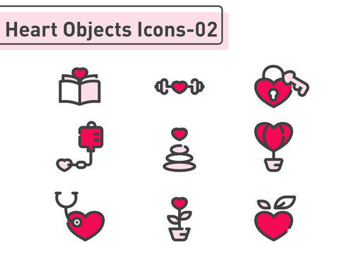 Heart objects filled line icon set isolated on white background ep02