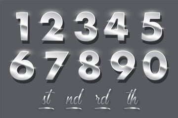 Silver number metal set, 3d shiny chrome or stainless steel numbers with glossy effect