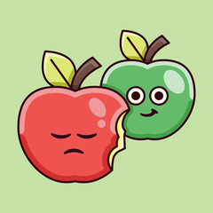 Cute Bite Red Apple with Green Apple Illustration