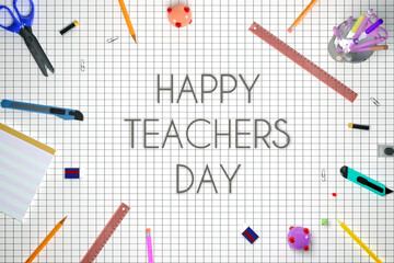Happy teachers day colorful background with school accessories