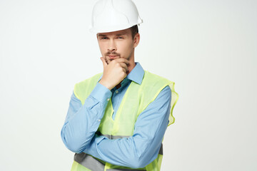 man in construction uniform blueprints builder isolated background