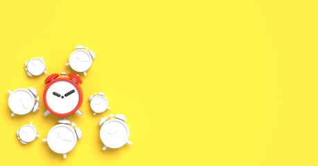 Red vintage alarm clock isolated on yellow background. Minimal creative concept. 3d rendering illustration
