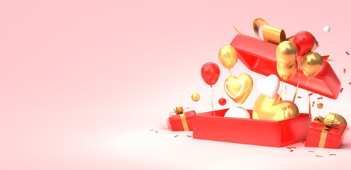 Gift box decoration on clear background, heart shape balloon with copy space, 3D rendering.