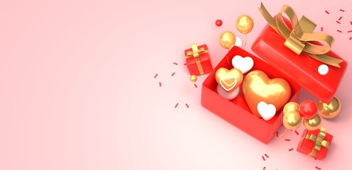 Gift box decoration on clear background, heart shape balloon with copy space, 3D rendering.