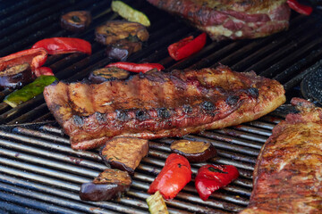 Large cuts of grilled meat with vegetables...