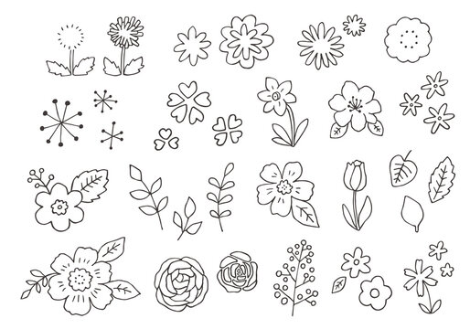 手描きの花イラストのセット（モノクロ）
