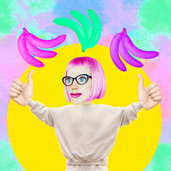 Comic Girl character love Bananas. Minimal collage. Healthy plant foods, eco, bio, vitamins, fresh concept. Go Vegan