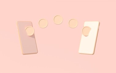Coin transfer between smartphone. Online banking or payment concept. 3d rendering