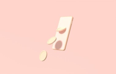 Coin falling from smartphone. Online banking or payment concept. 3d rendering