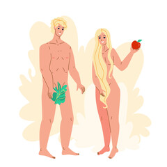 Adam And Eve Standing Together In Paradise Vector. Adam And Eve Holding Tree Leaf And Apple Fruit Stand Togetherness In Eden. Religious Characters Man And Woman Flat Cartoon Illustration - obrazy, fototapety, plakaty