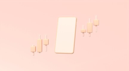 Smartphone and candlestick chart on pink background, business investment profit, 3d rendering.