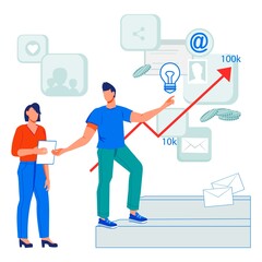 Financial analyst or advisor encourages a businesswoman to develop her business and increase income. Business motivator coach shows financial development strategy, flat vector illustration isolated.