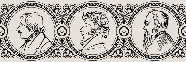 Portraits of Russian writers inscribed in an ornamental seamless strip. Book decoration. Engraved vector illustration.