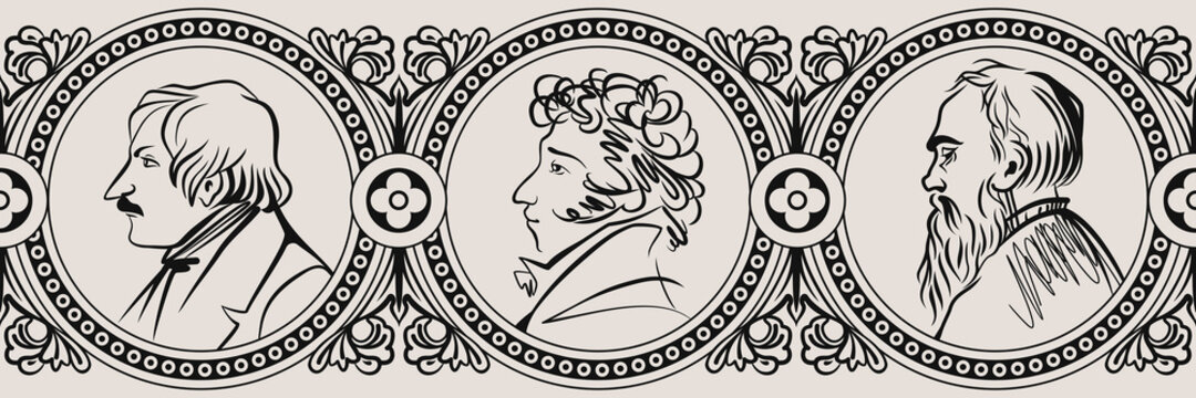 Portraits of Russian writers inscribed in an ornamental seamless strip. Book decoration. Engraved vector illustration.