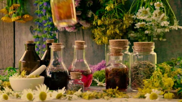 Bottled herbal tincture, homeopathy. Selective focus.