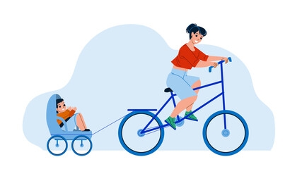 Mother And Son Riding Bike Trailer Outdoor Vector. Woman Ride Bicycle And Little Boy Child Sitting In Bike Trailer. Characters Active Time In Park Outside Flat Cartoon Illustration