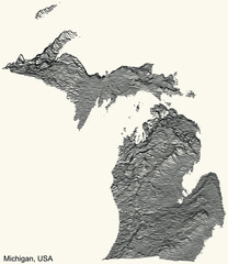 Topographic positive relief map of the Federal State of Michigan, USA with black contour lines on beige background