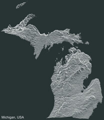 Topographic negative relief map of the Federal State of Michigan, USA with white contour lines on dark gray background