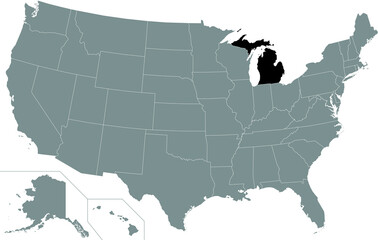 Fototapeta na wymiar Black highlighted location map of the US Federal State of Michigan inside gray map of the United States of America