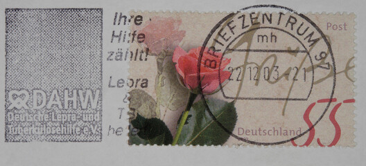 briefmarke stamp vintage retro gestempelt used frankiert cancel slgoan rose DAHW Deutsche Lepra Tuberkulose Hilfe blume flower rosa pink 55 papier Paper