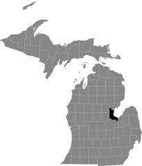Black highlighted location map of the Bay County inside gray map of the Federal State of Michigan, USA