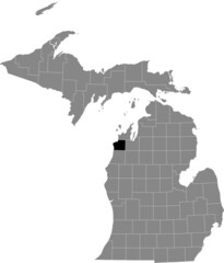 Black highlighted location map of the Benzie County inside gray map of the Federal State of Michigan, USA