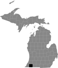 Black highlighted location map of the Cass County inside gray map of the Federal State of Michigan, USA