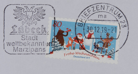 briefmarke stamp vintage retro gestempelt used frankiert cancel lübeck slogan werbung marzipan frohe weihnachten christmas snow winter xmas santa claus weihnachtsmann papier paper