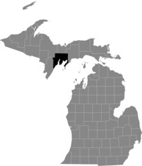 Black highlighted location map of the Delta County inside gray map of the Federal State of Michigan, USA