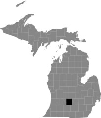 Black highlighted location map of the Eaton County inside gray map of the Federal State of Michigan, USA