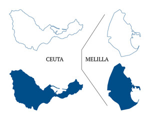 Ceuta and Melilla map vector, autonomous cities of Spain.  High detailed vector outline and blue silhouette of Ceuta and Melilla. All isolated on white background. Vector illustration