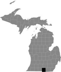 Black highlighted location map of the Hillsdale County inside gray map of the Federal State of Michigan, USA