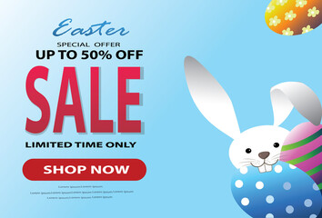 Easter Sale Illustration with eggs and Typography Element on Grey Background. Vector Holiday Design Template for Coupon, Banner, Voucher or Promotional Poster.