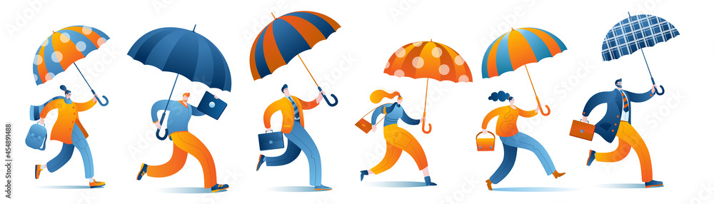 Aufkleber characters with umbrellas and bags are having fun. a set of vector isolated illustrations in a flat 