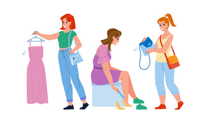 Female Shopping Occupation In Clothes Store Vector. Woman Trying Shoes, Choosing Dress And Bag In Clothing Shop, Female Shopping. Characters Making Purchase Flat Cartoon Illustration