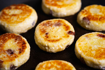 Traditional Russian syrniki frying in oil on hot pan. Natural slavic dessert food prepared with soft cottage cheese and raisins 