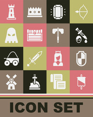 Set Medieval flag, Shield, Sword with blood, Diamond, Antique treasure chest, Executioner mask, Castle tower and axe icon. Vector