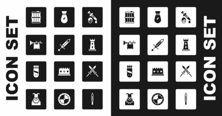 Set Sword with blood, Medieval sword, Trumpet flag, Wooden barrel, Castle tower, Old money bag, Crossed medieval and Quiver arrows icon. Vector