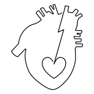 Broken heart. Anatomical lineart image of a human's heart. Continuous line drawing. Isolated on white background