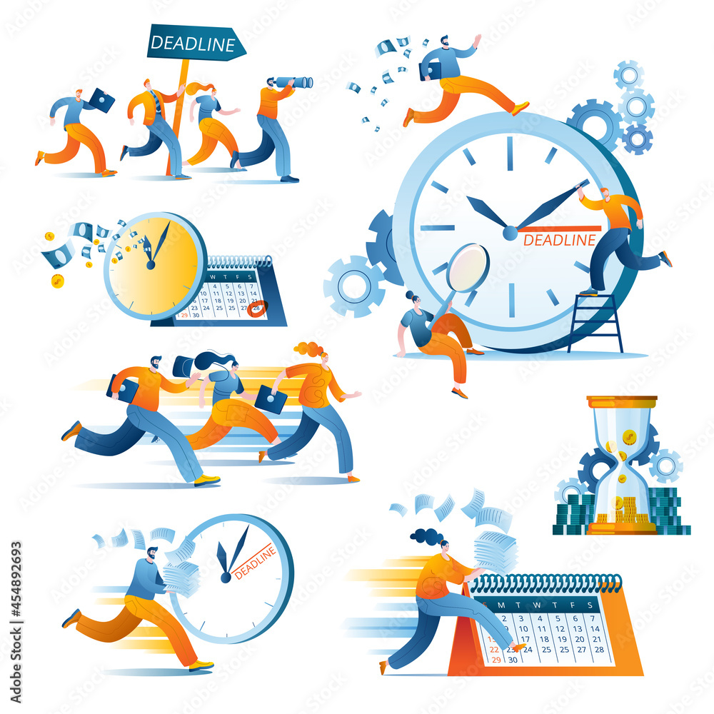 Poster a group of characters is fussing around the clock, trying to get somewhere in time. a set of vector 