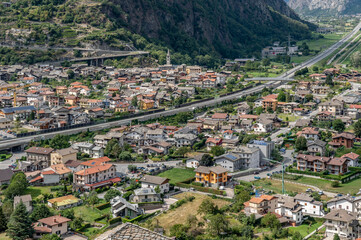 Fototapeta na wymiar Aerial view of Hone and of the southern part of the Aosta Valley, Italy, from Bard's Fort