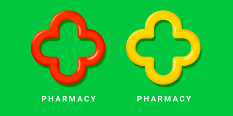 Pharmacy 3d symbol, rounded cross in yellow and red colors, logo sign