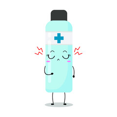 Cute vector illustration of antiseptic bottle character. Disinfection. Hand soap. Hand sanitizer bottle cartoon. Protection from viruses attack. Isolated on white background. Funny expression, angry 