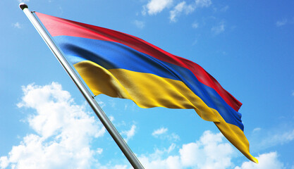 3D rendering illustration of the Armenia flag with a blue sky background