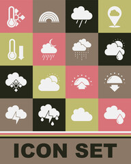 Set Cloud with rain, Sunset, and sun, moon, Meteorology thermometer, and icon. Vector